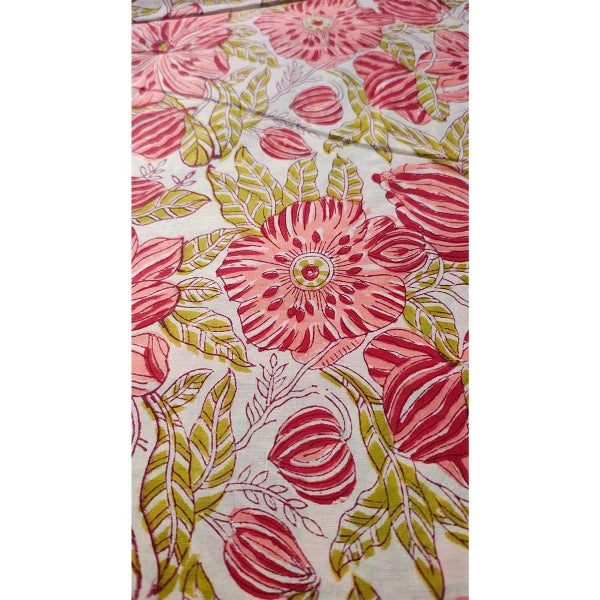 Sanganeri Hand Block Print Cotton Fabric – Red And Green Floral