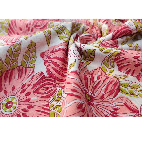 Sanganeri Hand Block Print Cotton Fabric – Red And Green Floral