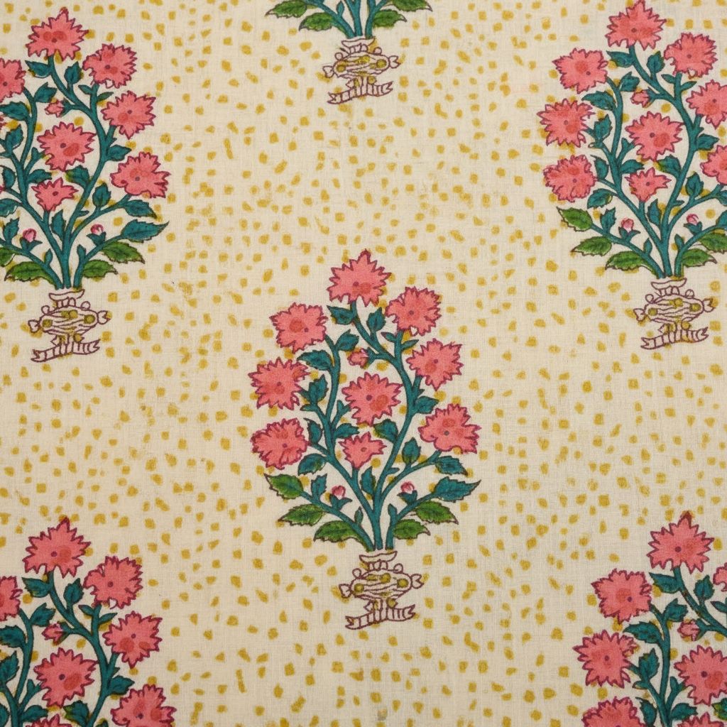 Sanganeri Hand Block Print Cotton Fabric – Beige Floral