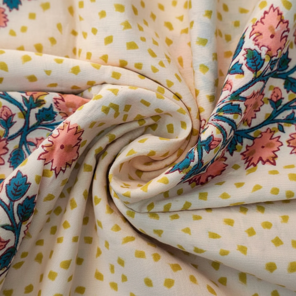 Sanganeri Hand Block Print Cotton Fabric – Beige Floral
