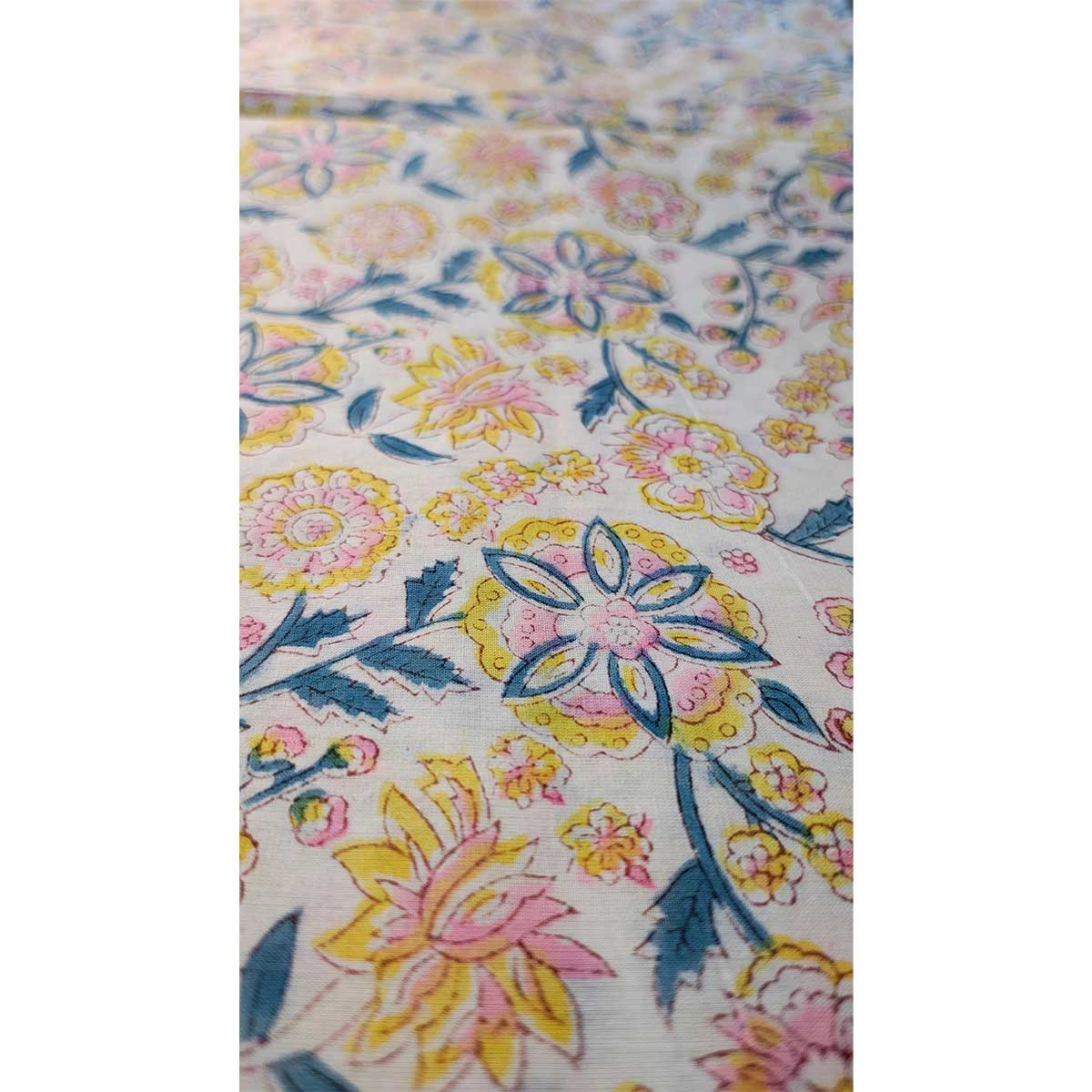 Sanganeri Hand Block Print Cotton Fabric – Blue, Yellow And White Floral Print