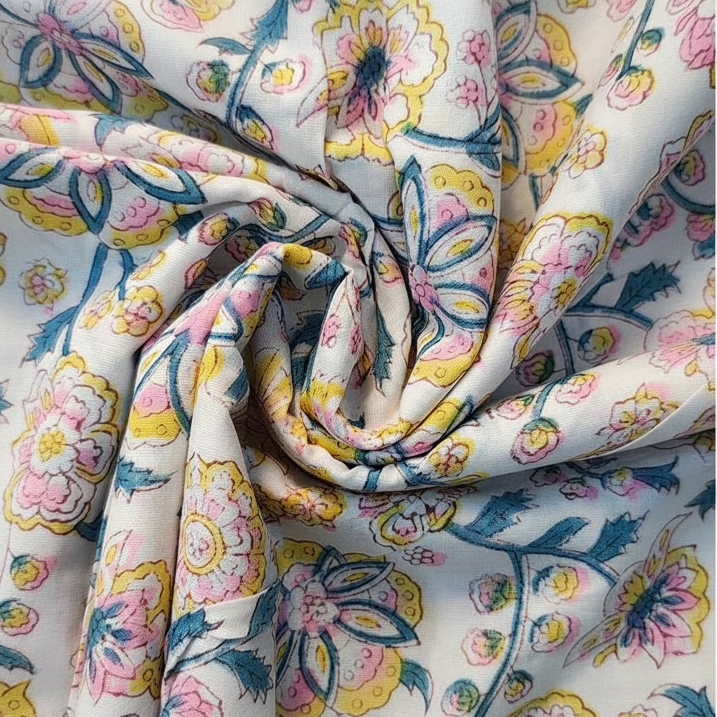 Sanganeri Hand Block Print Cotton Fabric – Blue, Yellow And White Floral Print