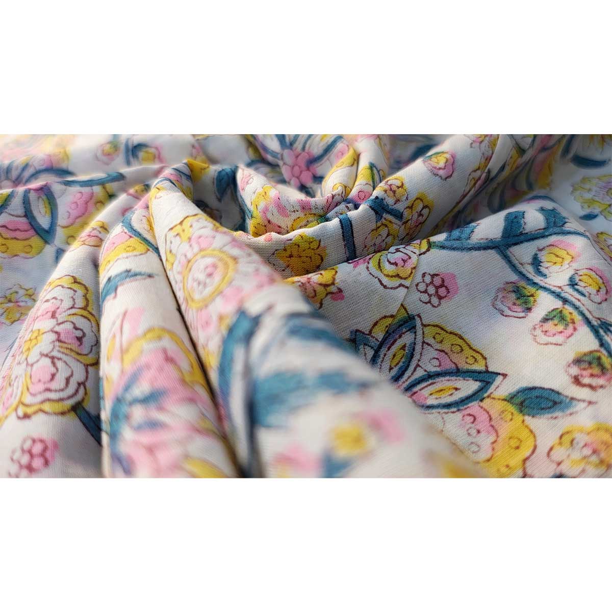 Sanganeri Hand Block Print Cotton Fabric – Blue, Yellow And White Floral Print