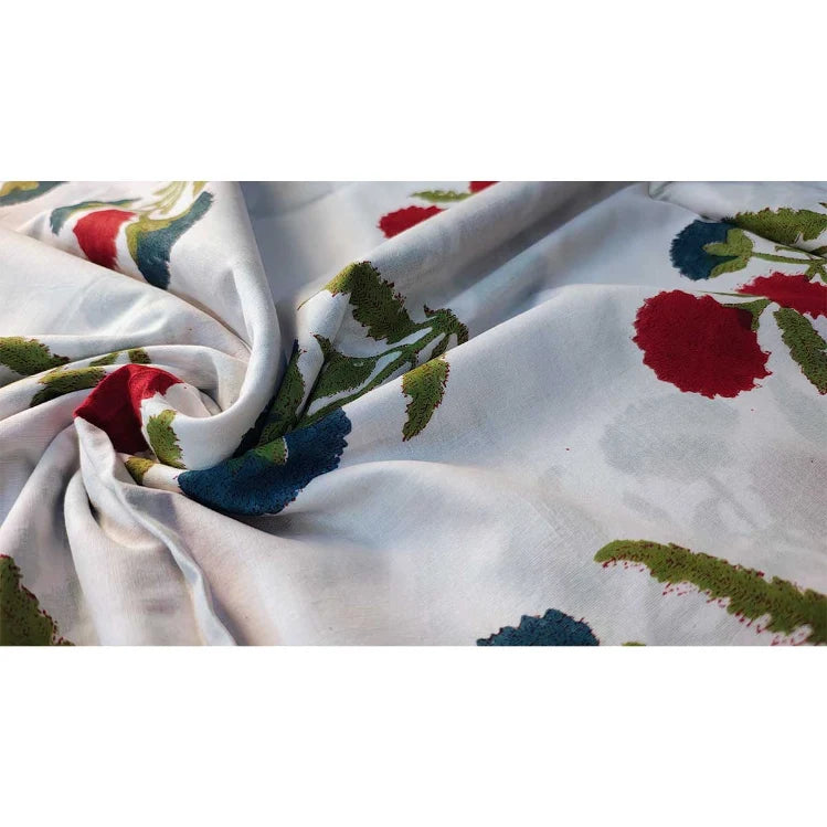Sanganeri Hand Block Print Cotton Fabric – White And Red Floral Print