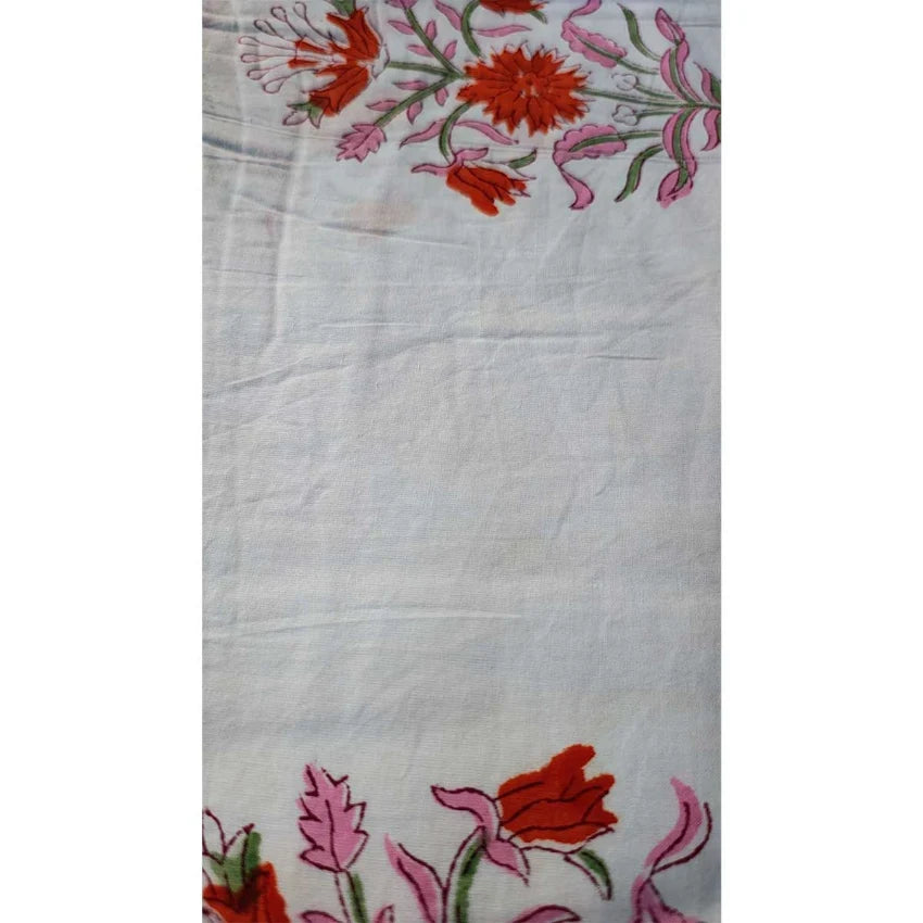 Sanganeri Hand Block Print Cotton Fabric – White And Orange Floral Print
