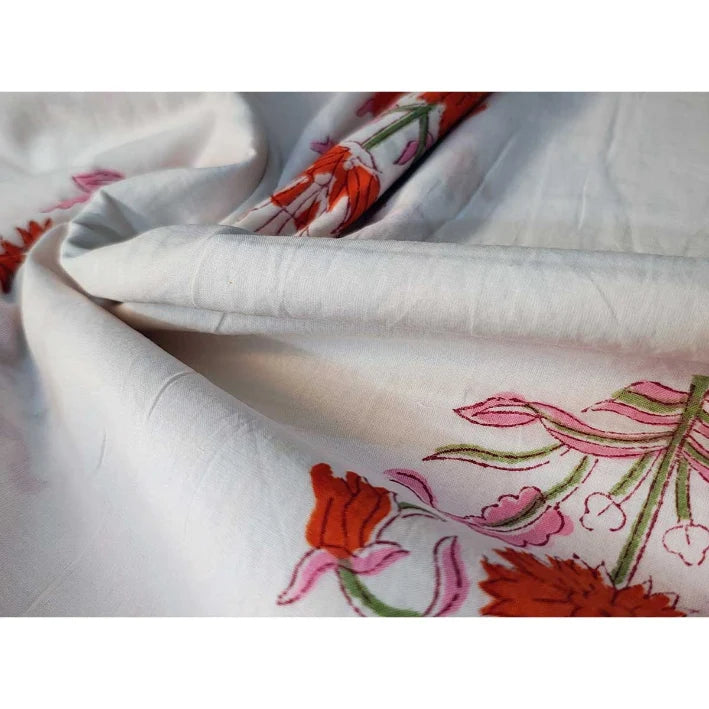Sanganeri Hand Block Print Cotton Fabric – White And Orange Floral Print