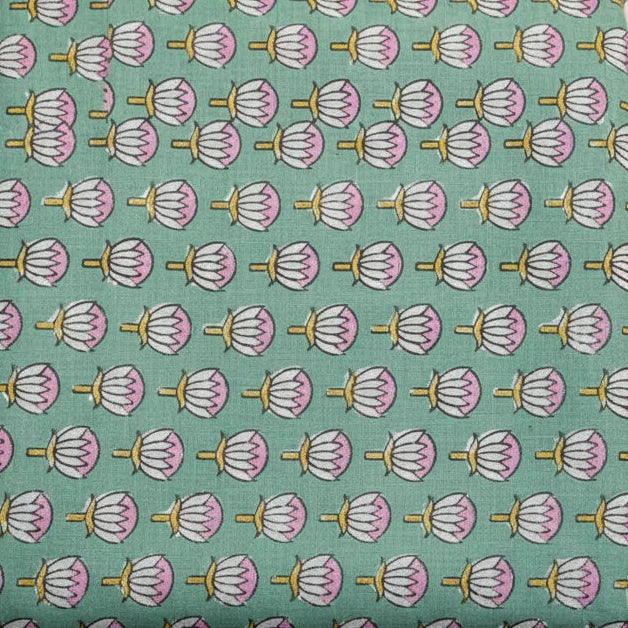Sanganeri Hand Block Print Cotton Fabric – Green Floral Print