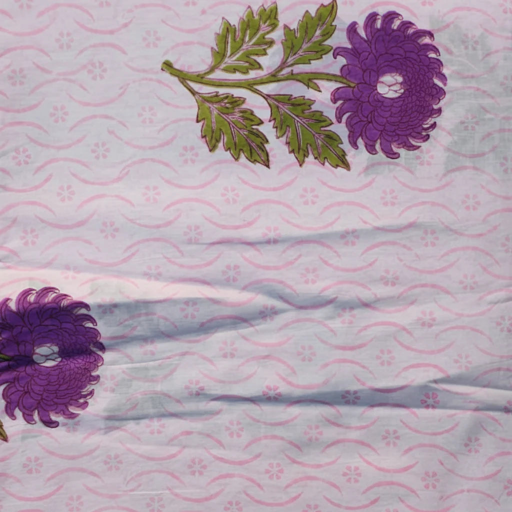 Sanganeri Hand Block Print Cotton Fabric – White Purple Floral Print