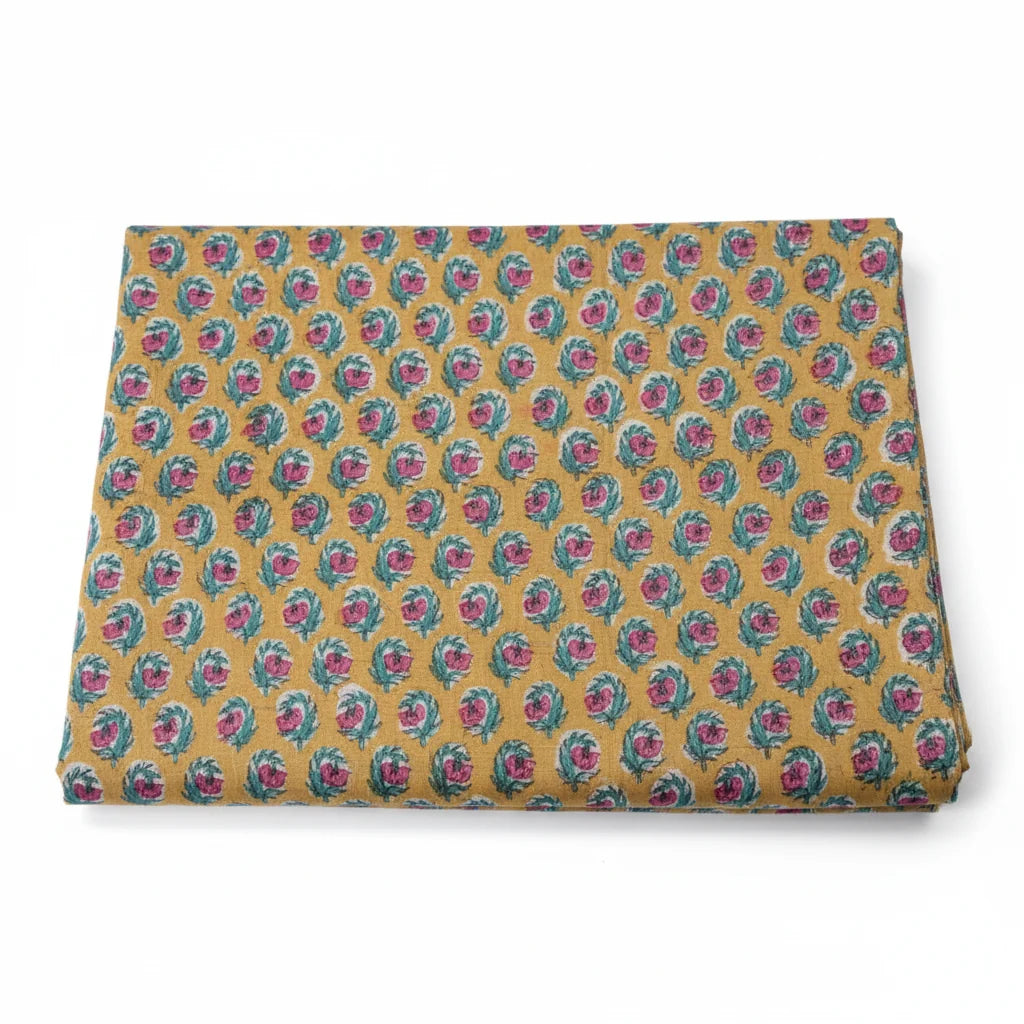 Sanganeri Hand Block Print Cotton Fabric – Yellow Floral Print