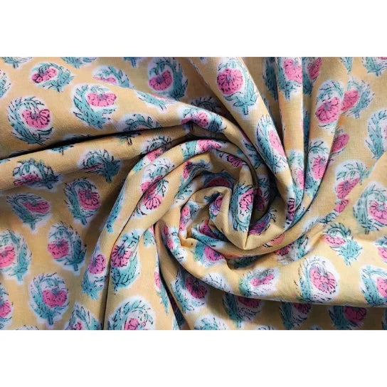 Sanganeri Hand Block Print Cotton Fabric – Yellow Floral Print