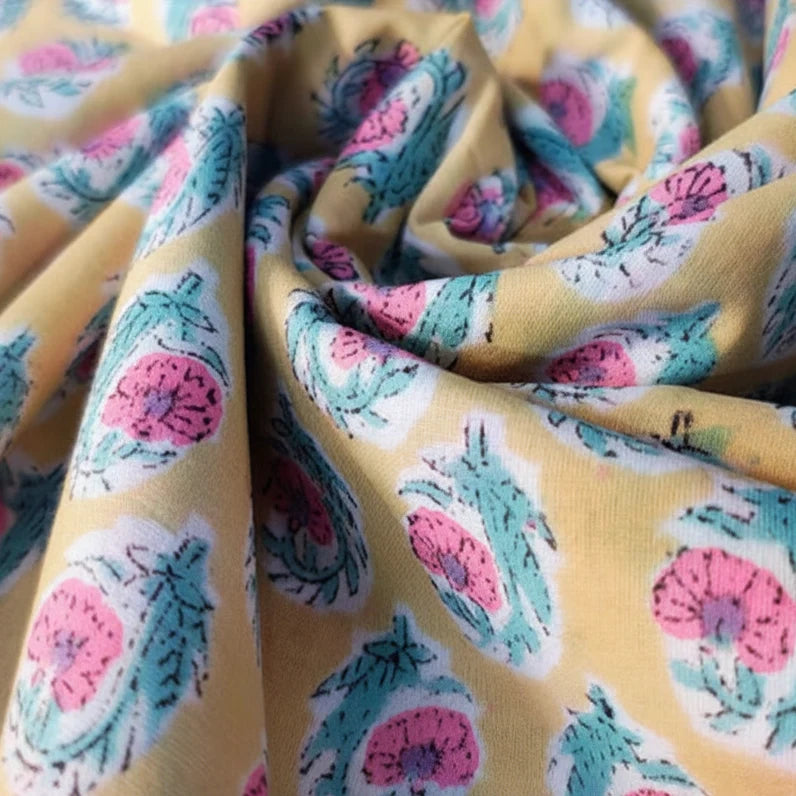 Sanganeri Hand Block Print Cotton Fabric – Yellow Floral Print