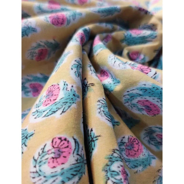 Sanganeri Hand Block Print Cotton Fabric – Yellow Floral Print