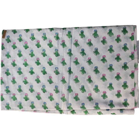 Sanganeri Hand Block Print Cotton Fabric – White Cactus Print