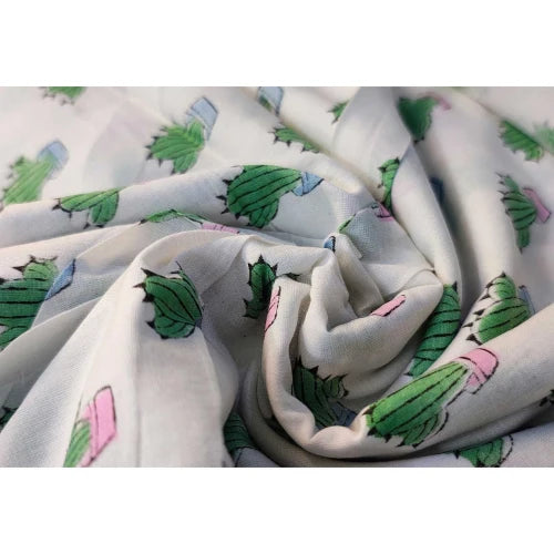 Sanganeri Hand Block Print Cotton Fabric – White Cactus Print