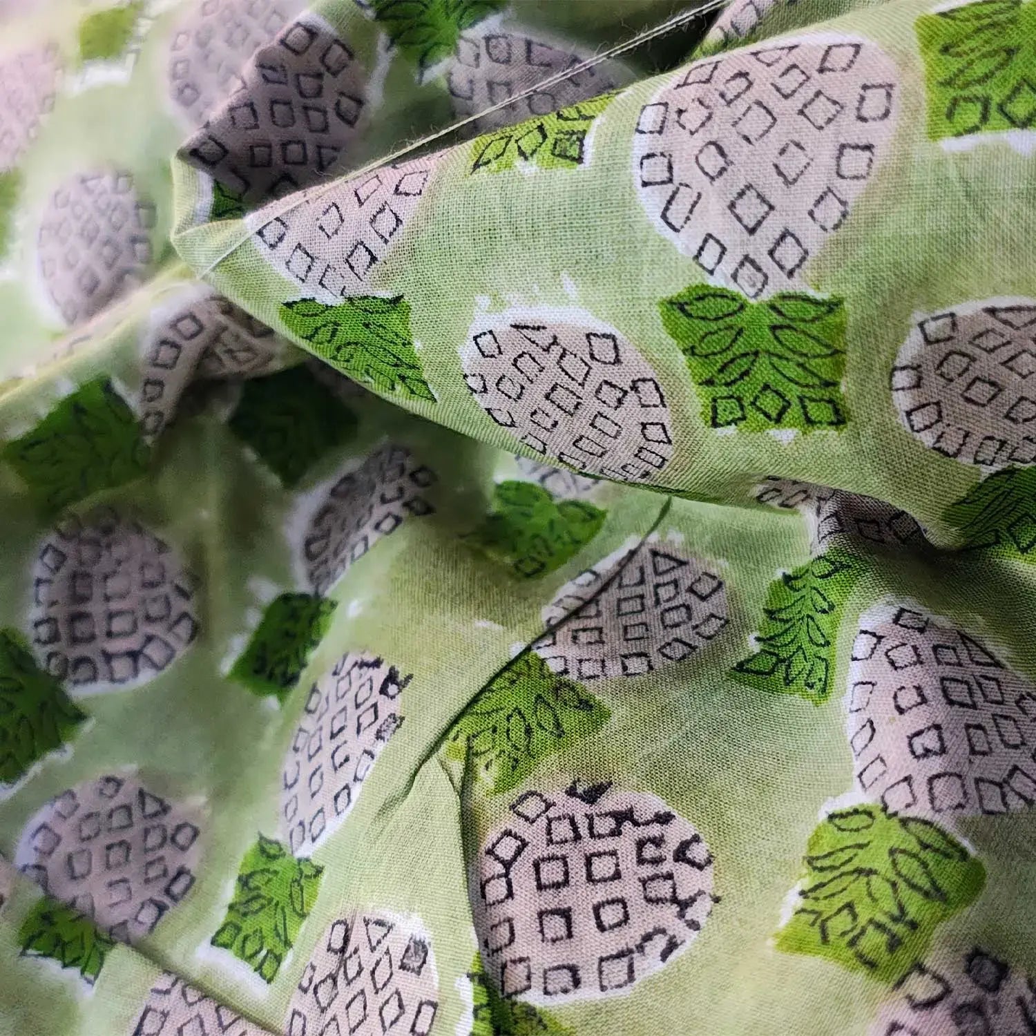 Sanganeri Hand Block Print Cotton Fabric – Green Floral Print