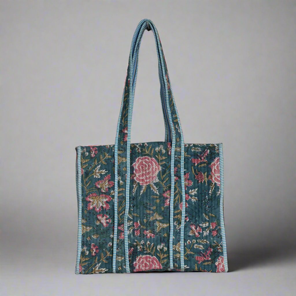 Multicolor Block Printed Cotton  Tote Bags Dark green