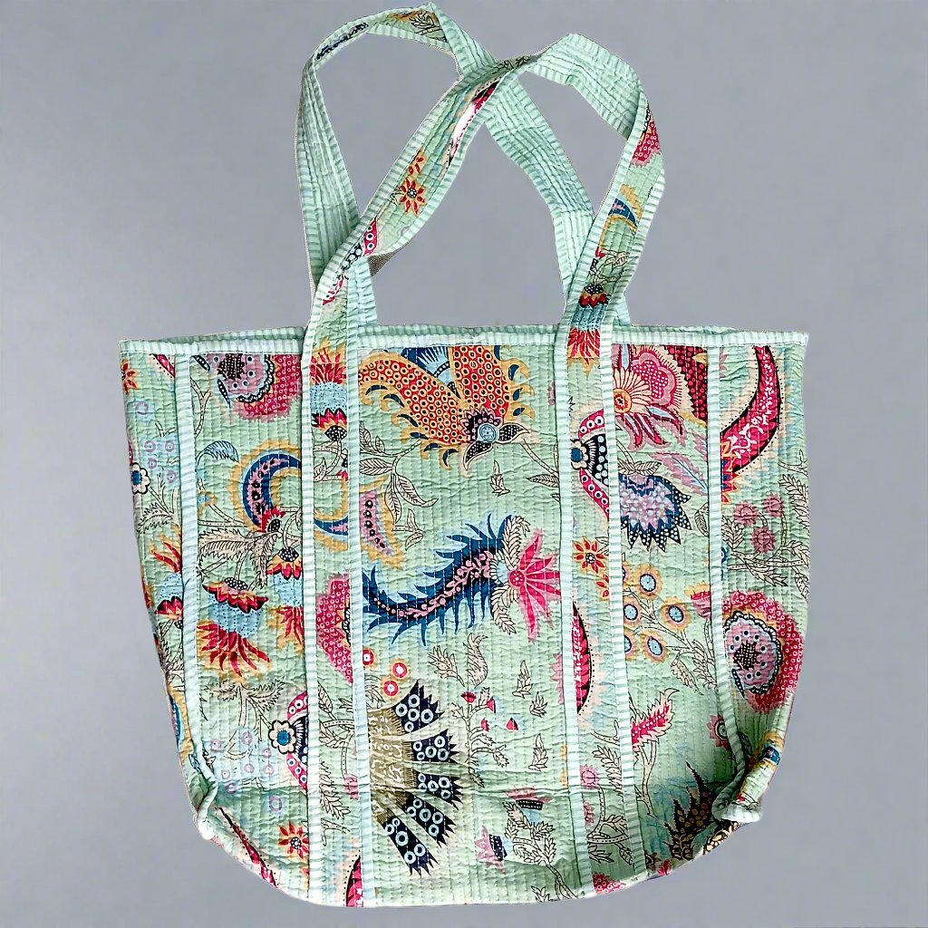 Printed Cotton Quilted Tote Bags Green