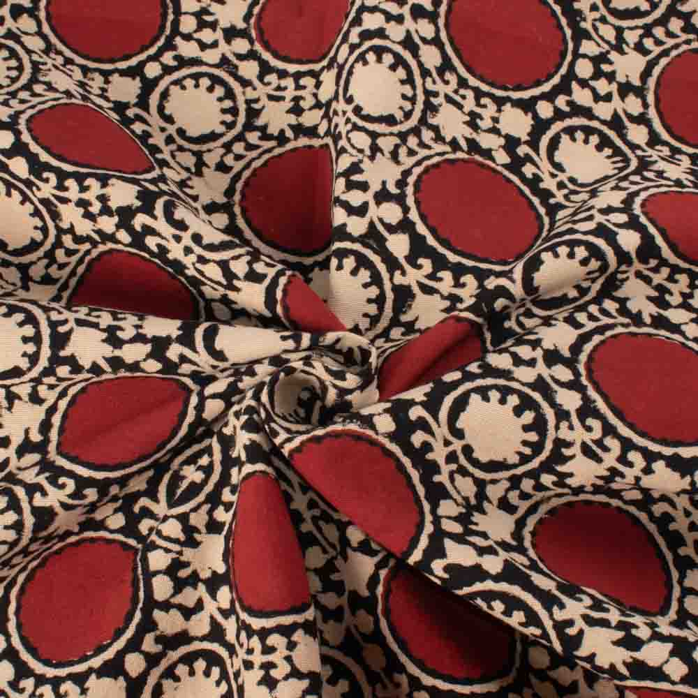 ABSTRACT CREAM RED AND BLACK BLOCK PRINTED ORGANIC KHADI 174 GSM HANDWOVEN FABRIC