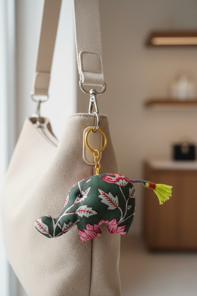 Handcrafted Block Print Fabric Keychains Charm – Set of 6