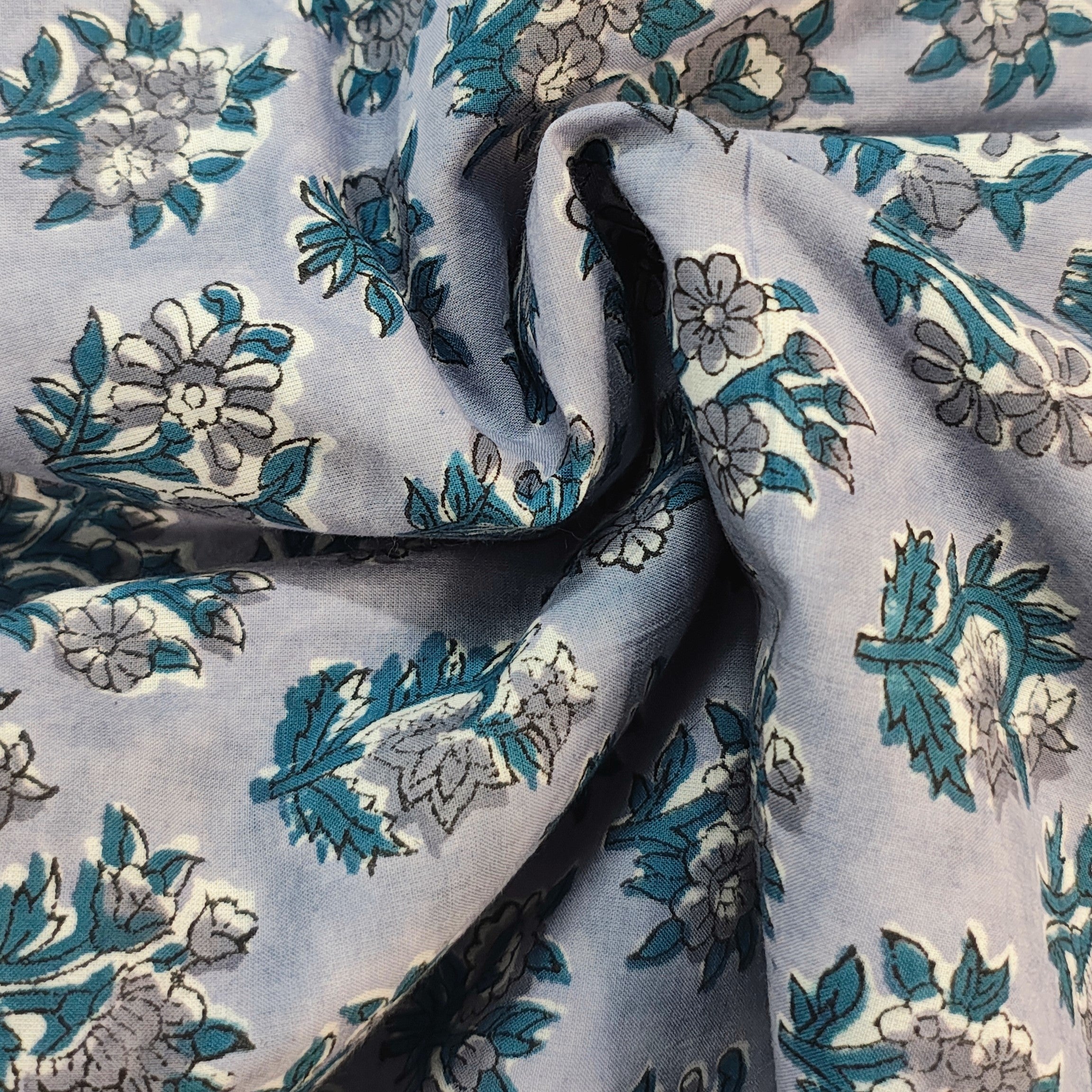 Sanganeri Hand Block Print Cotton Fabric – Grey Floral Print