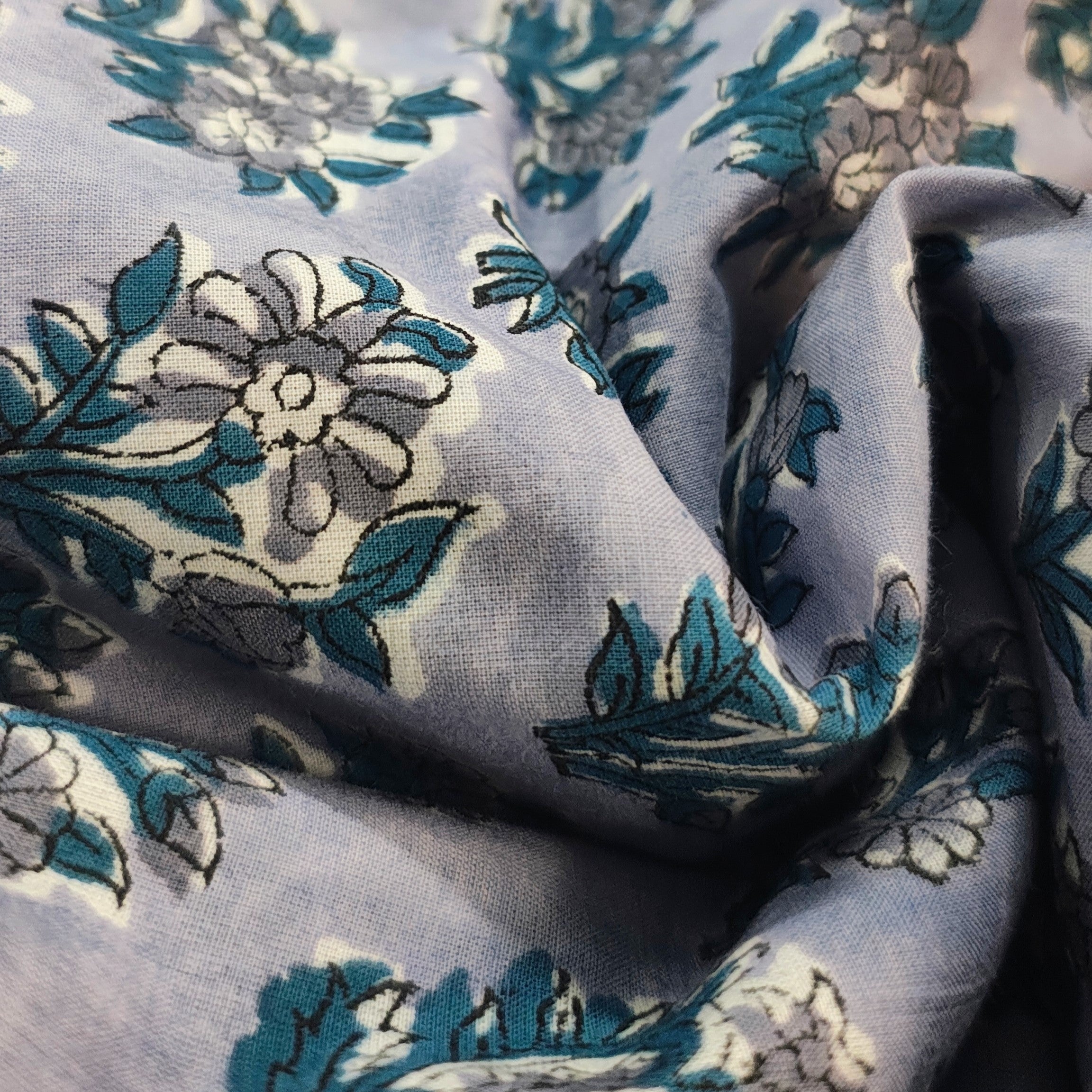 Sanganeri Hand Block Print Cotton Fabric – Grey Floral Print