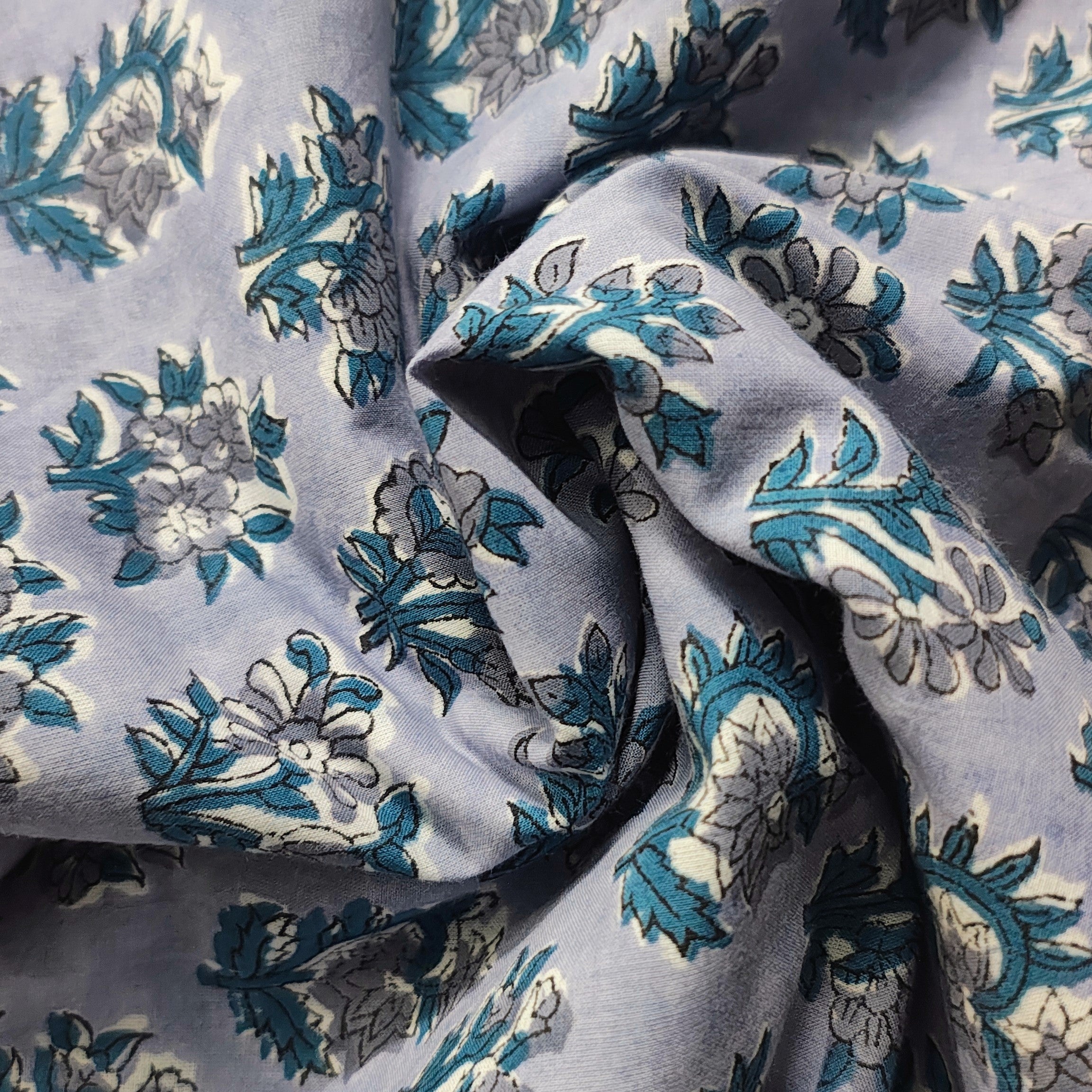 Sanganeri Hand Block Print Cotton Fabric – Grey Floral Print