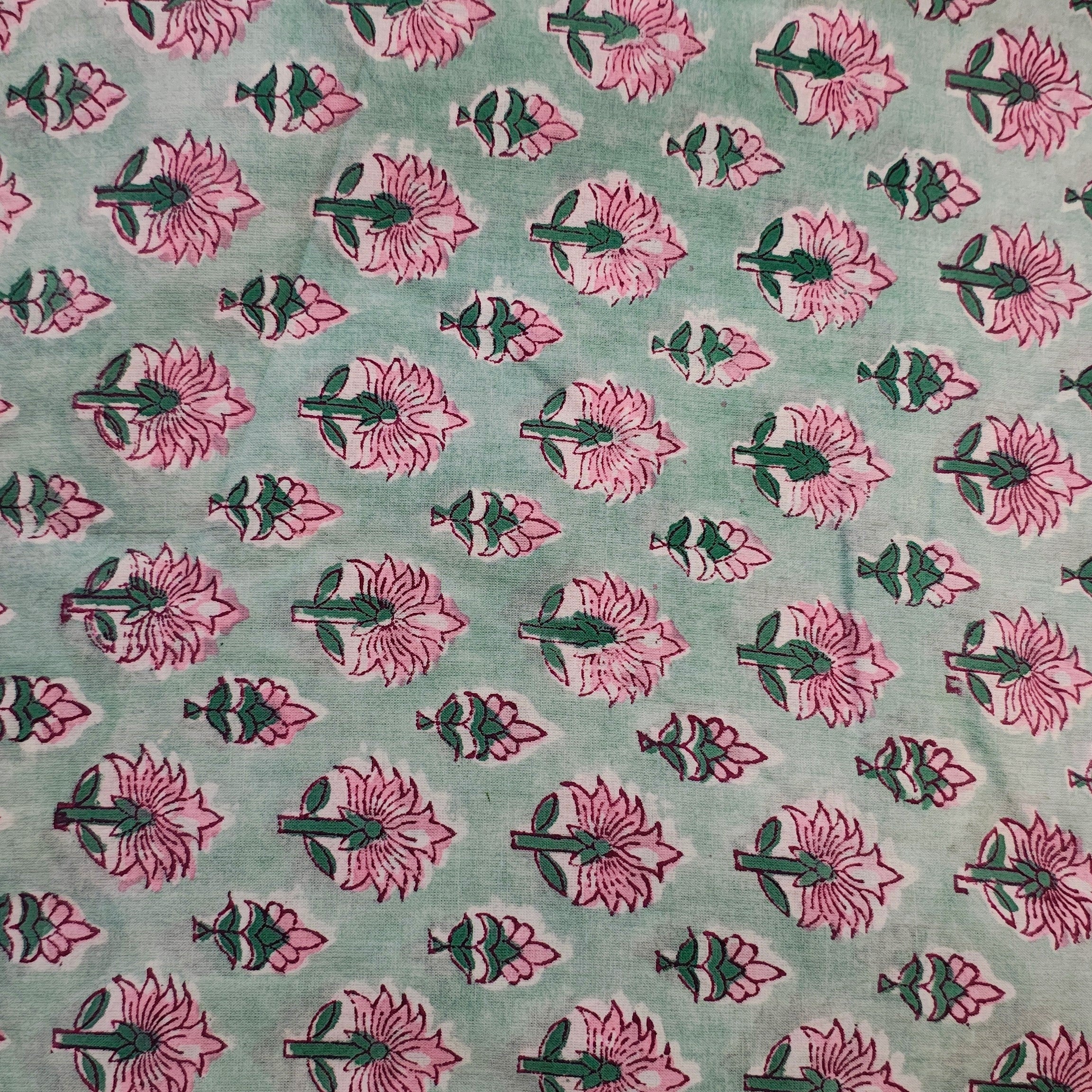 Sanganeri Hand Block Print Cotton Fabric – Mint Green Floral Print