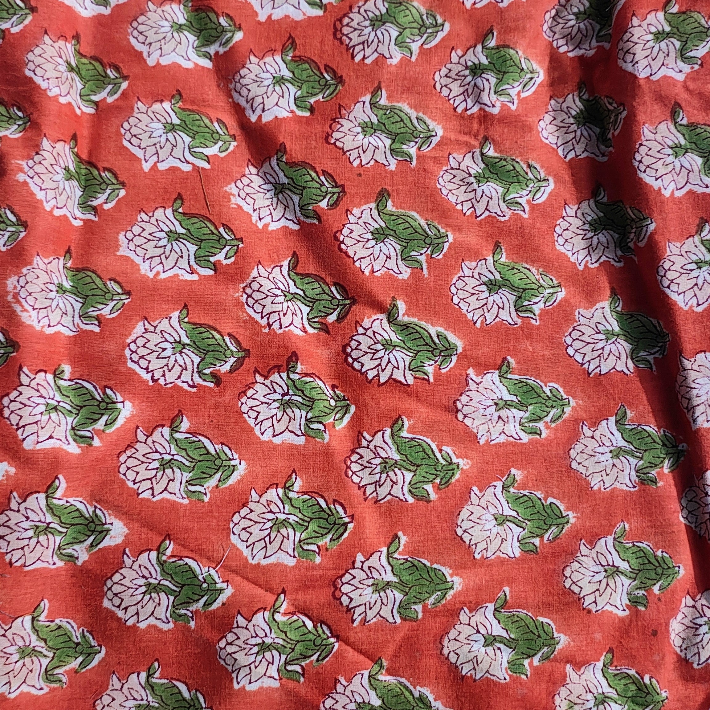 Sanganeri Hand Block Print Cotton Fabric –Orange Floral Print