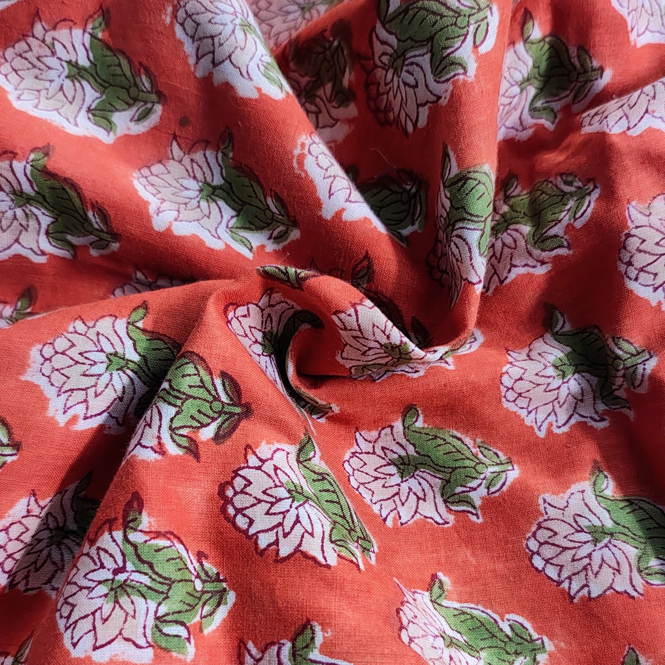 Sanganeri Hand Block Print Cotton Fabric –Orange Floral Print