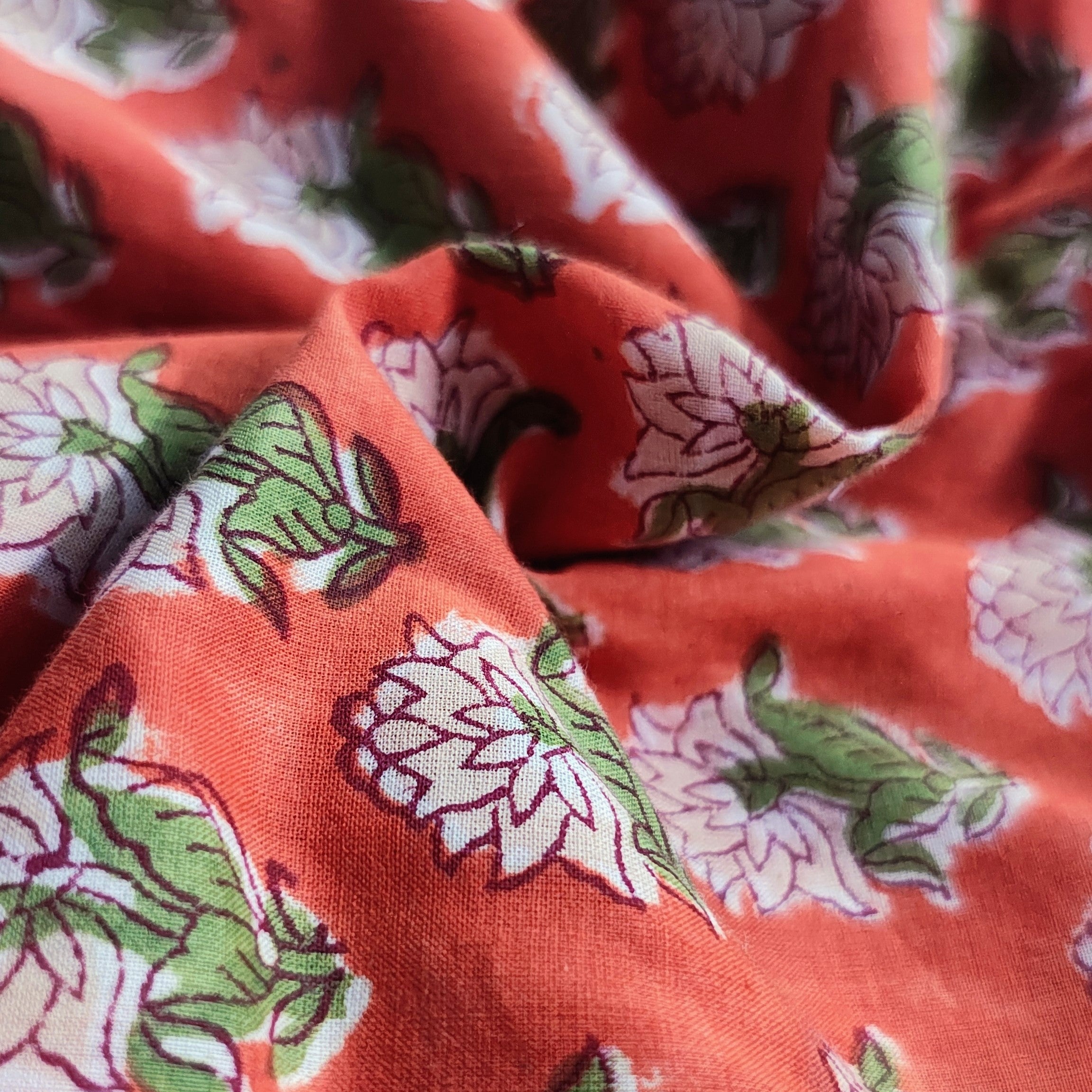 Sanganeri Hand Block Print Cotton Fabric –Orange Floral Print