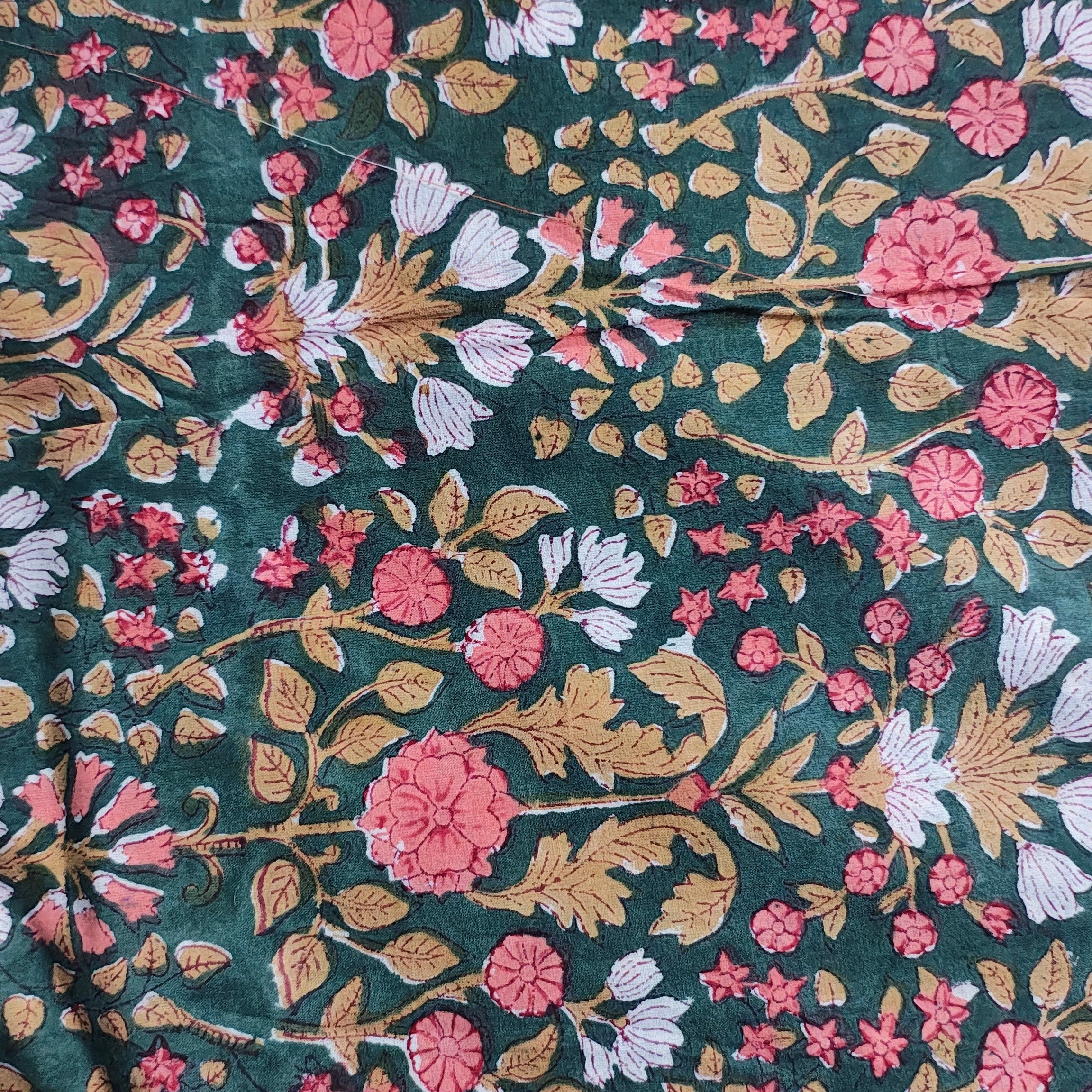 Sanganeri Hand Block Print Cotton Fabric – Green Floral Print