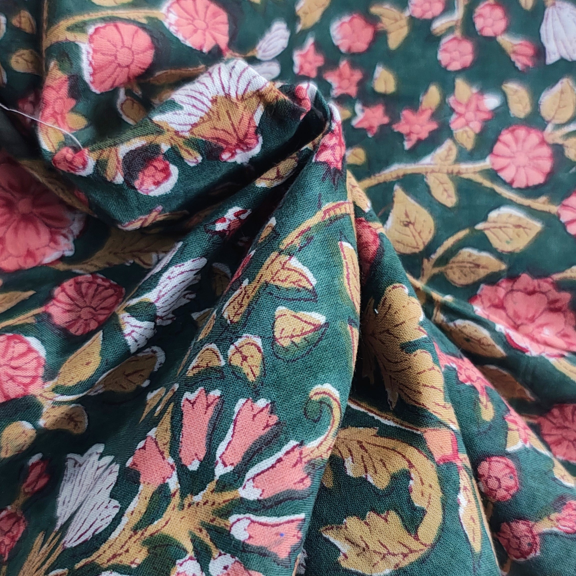 Sanganeri Hand Block Print Cotton Fabric – Green Floral Print