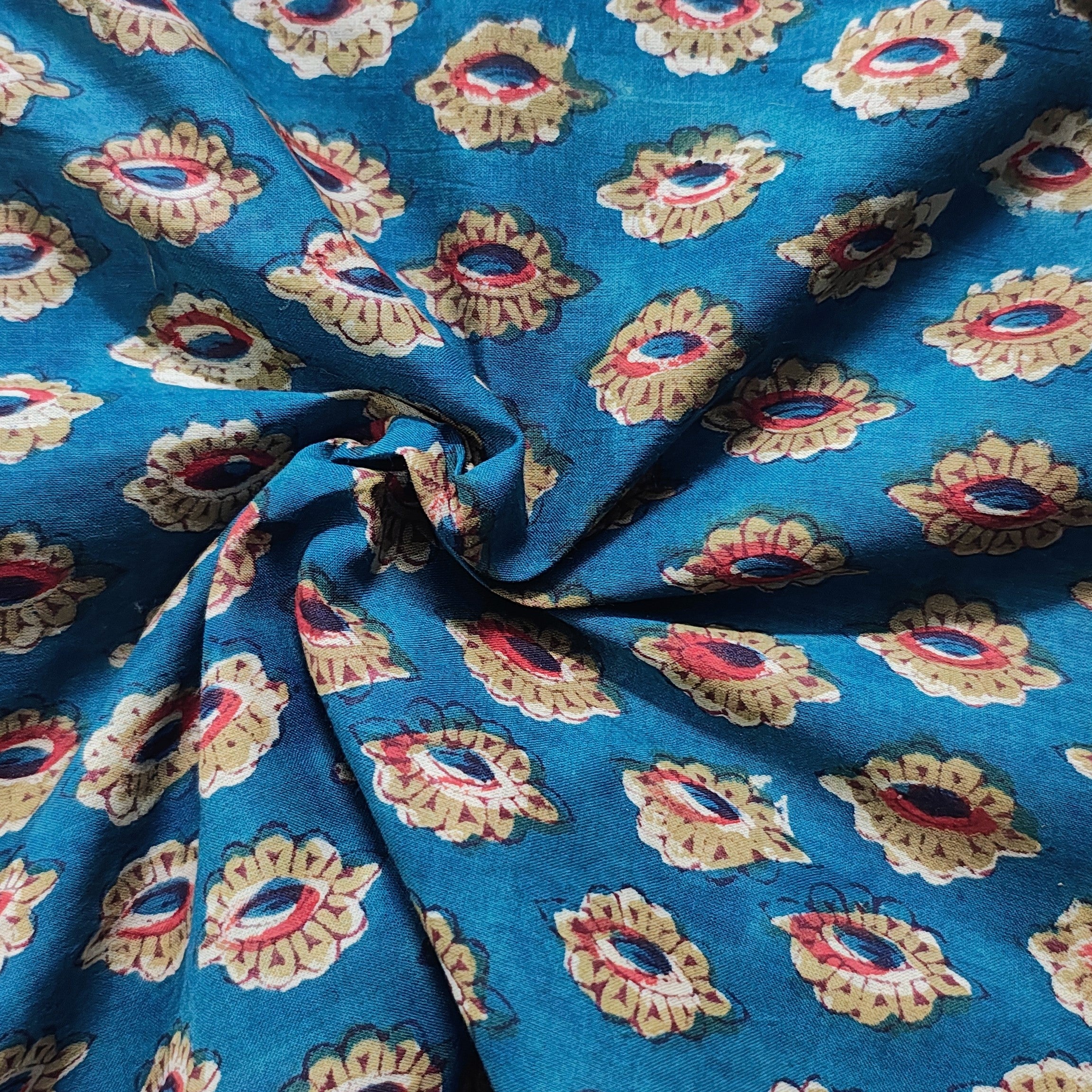 Sanganeri Hand Block Print Cotton Fabric – Teal Blue Floral Print