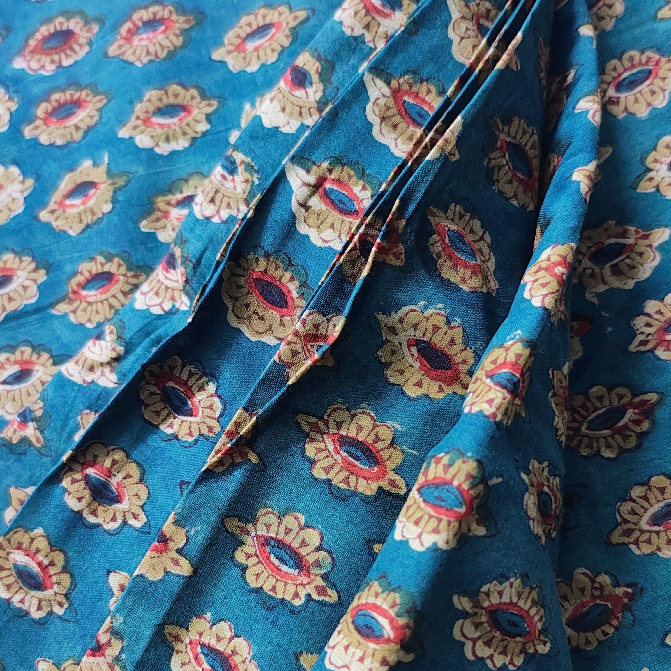 Sanganeri Hand Block Print Cotton Fabric – Teal Blue Floral Print