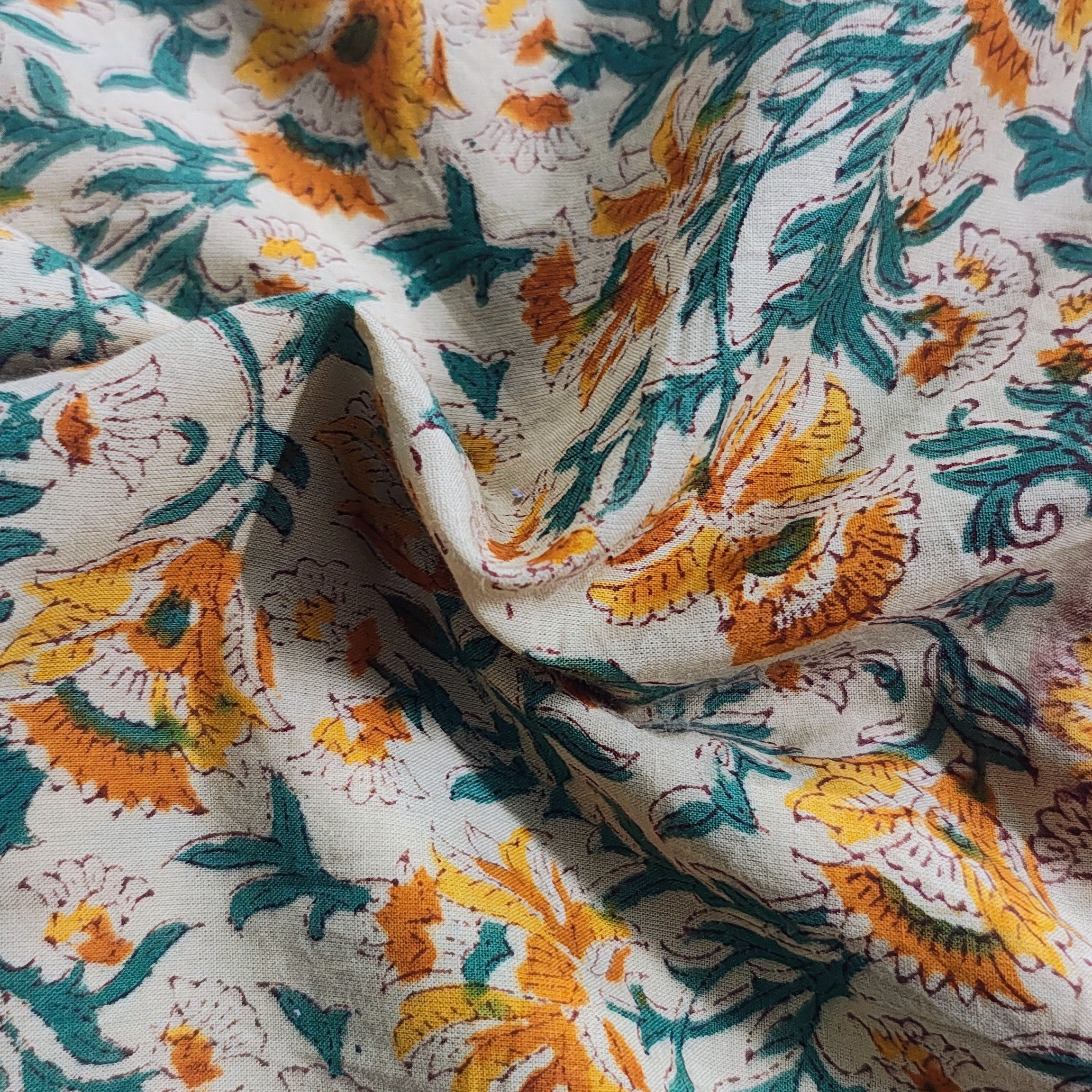 Sanganeri Hand Block Print Cotton Fabric – Beige Color Floral Print