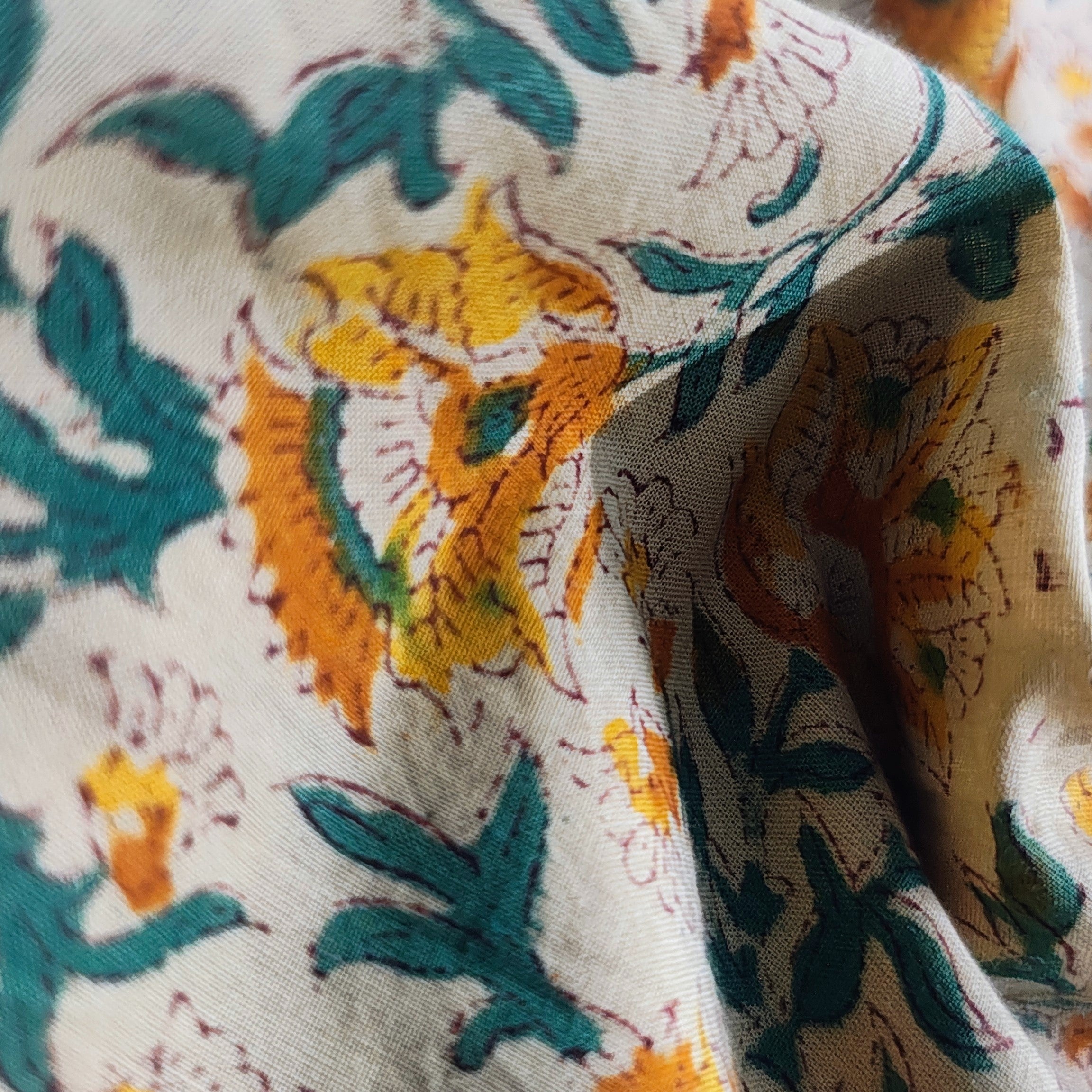 Sanganeri Hand Block Print Cotton Fabric – Beige Color Floral Print
