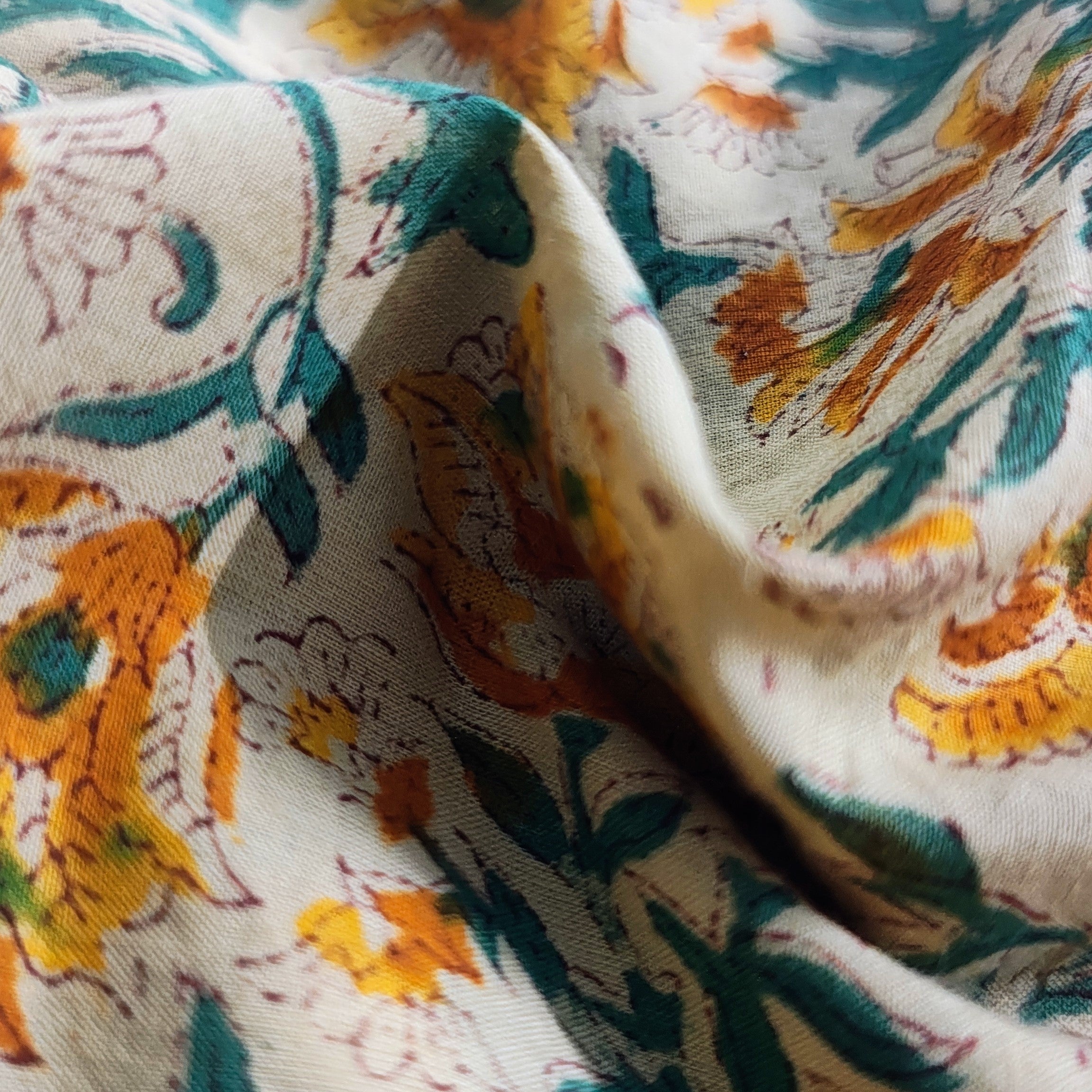 Sanganeri Hand Block Print Cotton Fabric – Beige Color Floral Print