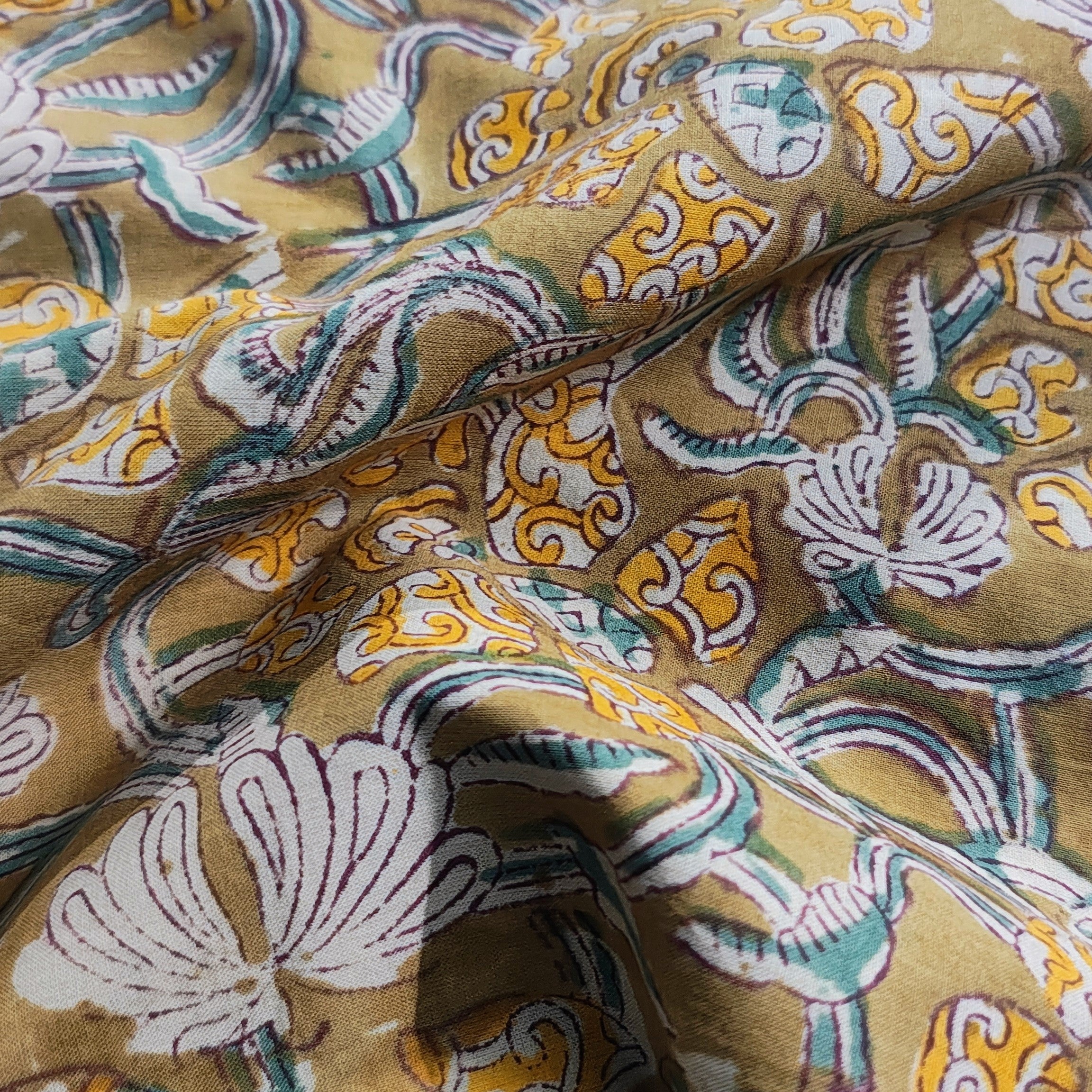 Sanganeri Hand Block Print Cotton Fabric – Mustard Yellow Color Floral Print Fabric