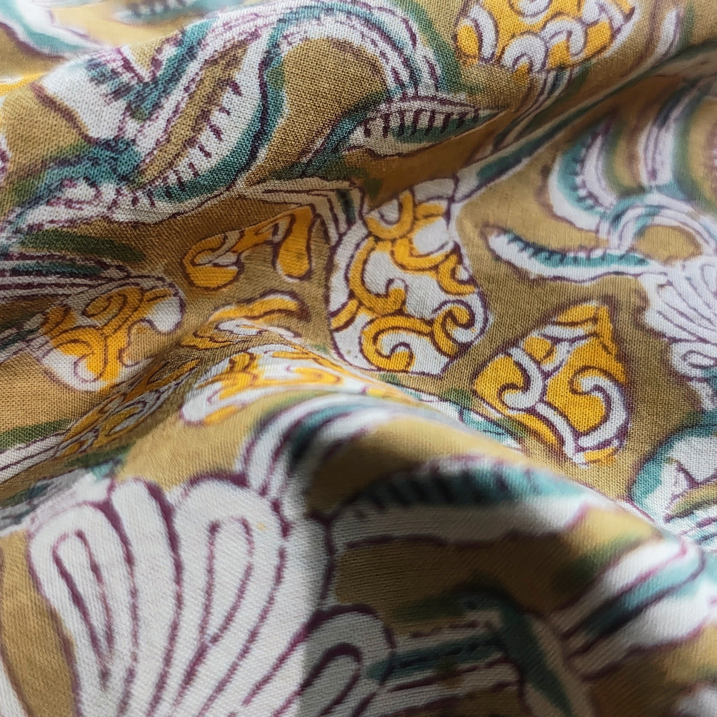Sanganeri Hand Block Print Cotton Fabric – Mustard Yellow Color Floral Print Fabric