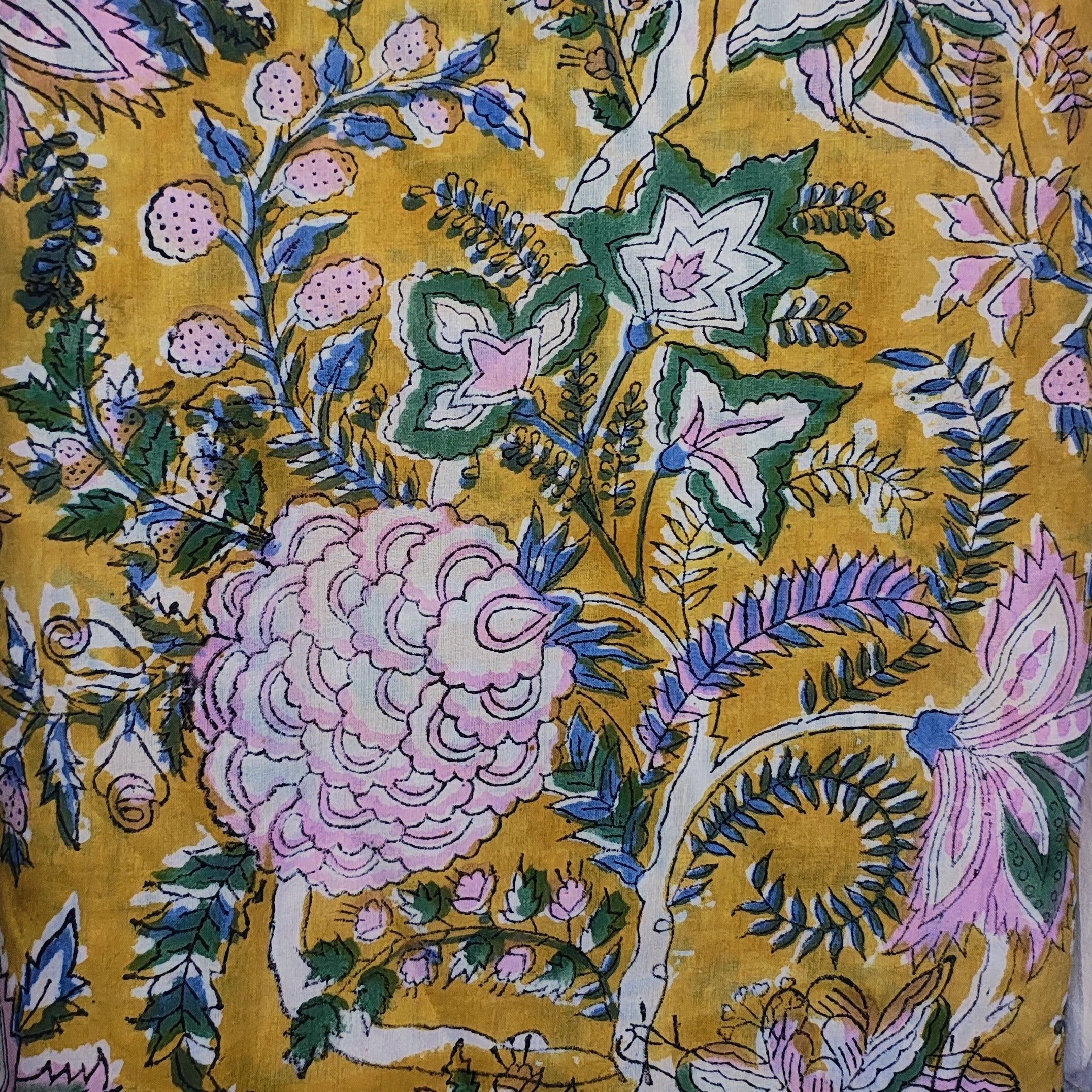 Sanganeri Hand Block Print Cotton Fabric – Mustard Yellow Color Floral Print Fabric