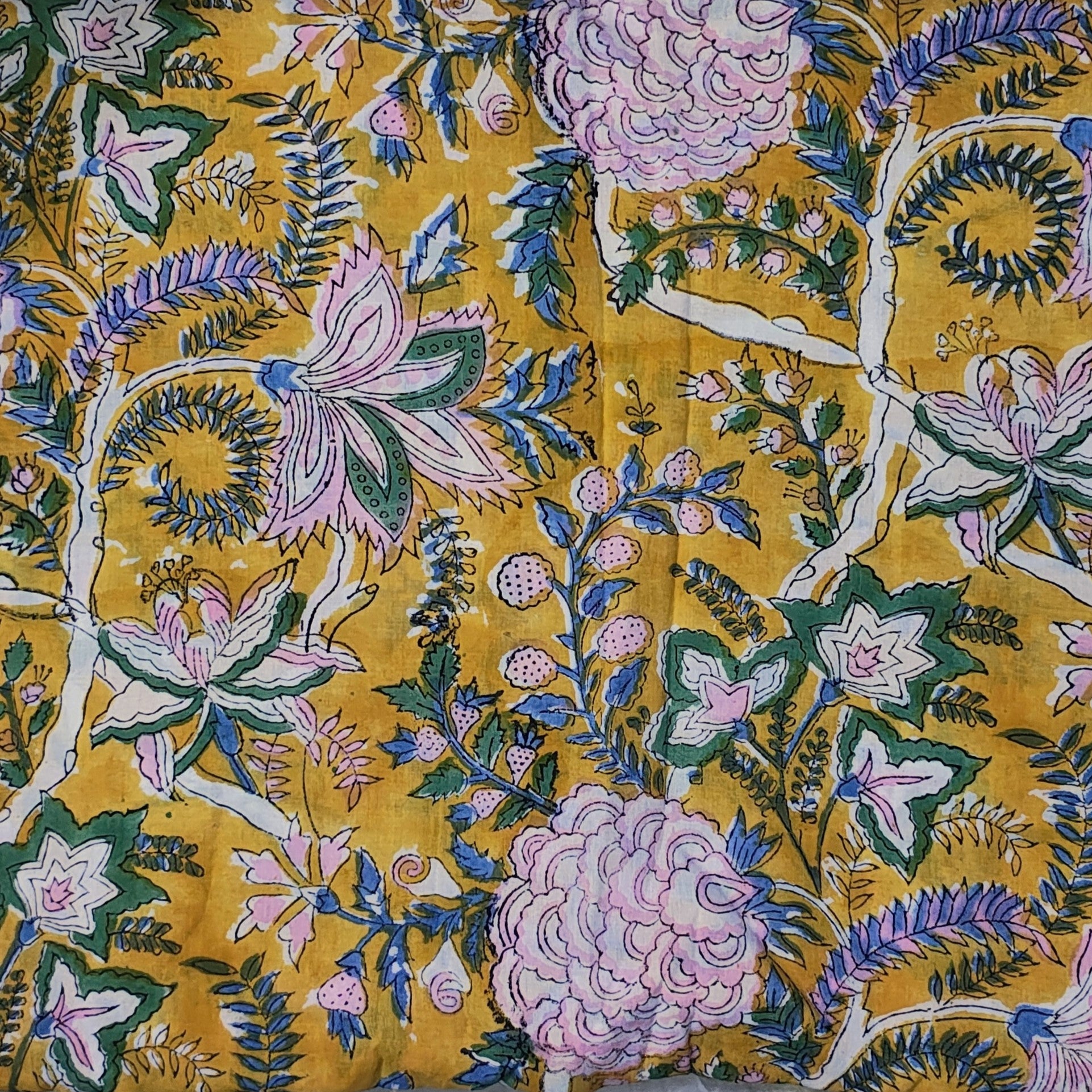 Sanganeri Hand Block Print Cotton Fabric – Mustard Yellow Color Floral Print Fabric