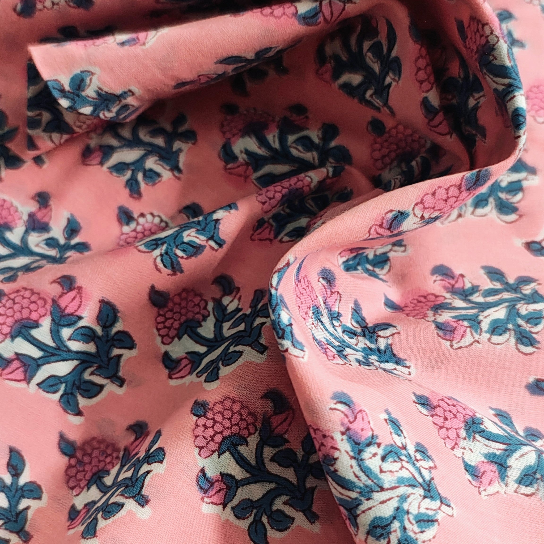 Sanganeri Hand Block Print Cotton Fabric –  Pink Color Floral Print Fabric
