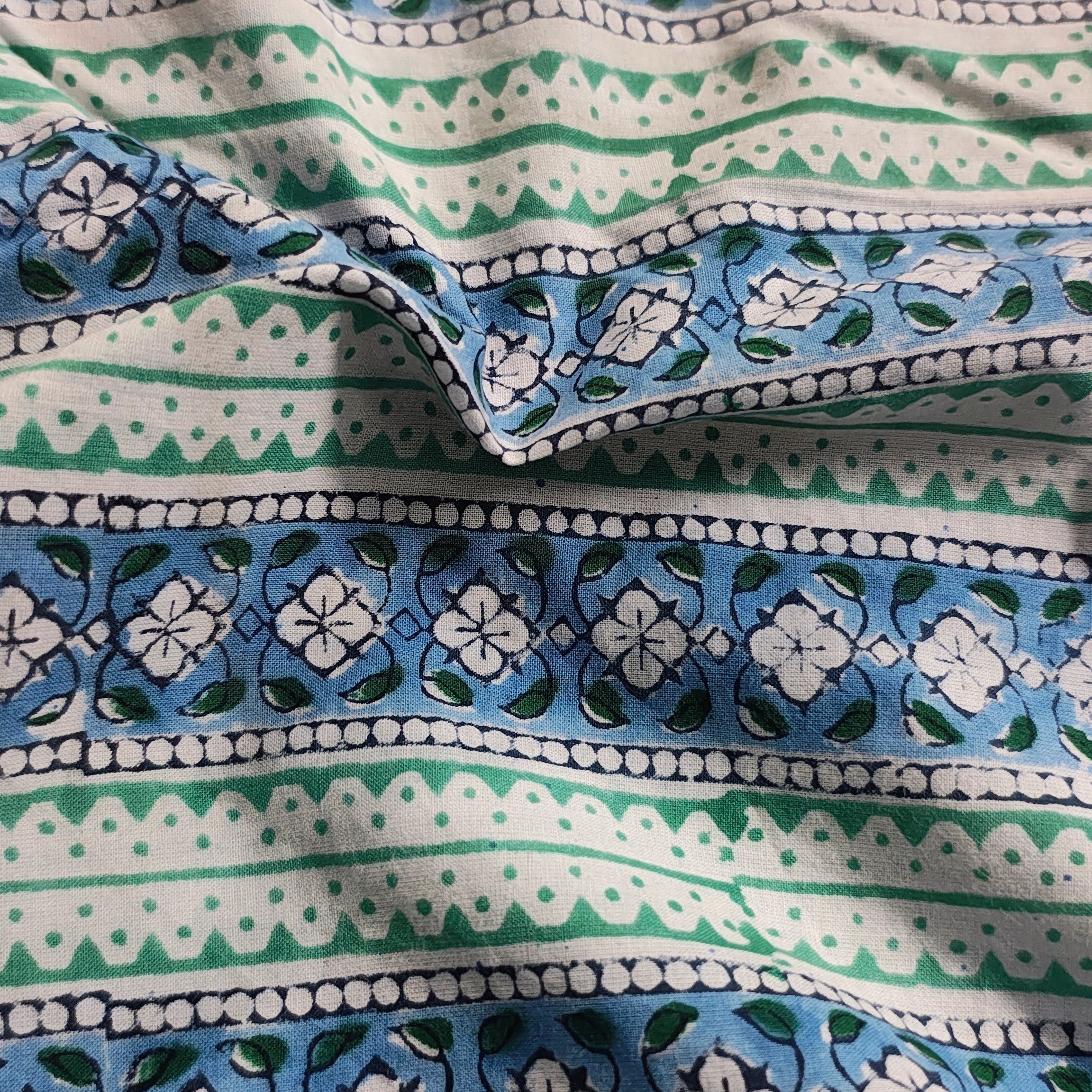 Sanganeri Hand Block Print Cotton Fabric –  Blue And Green Color Floral Print Fabric