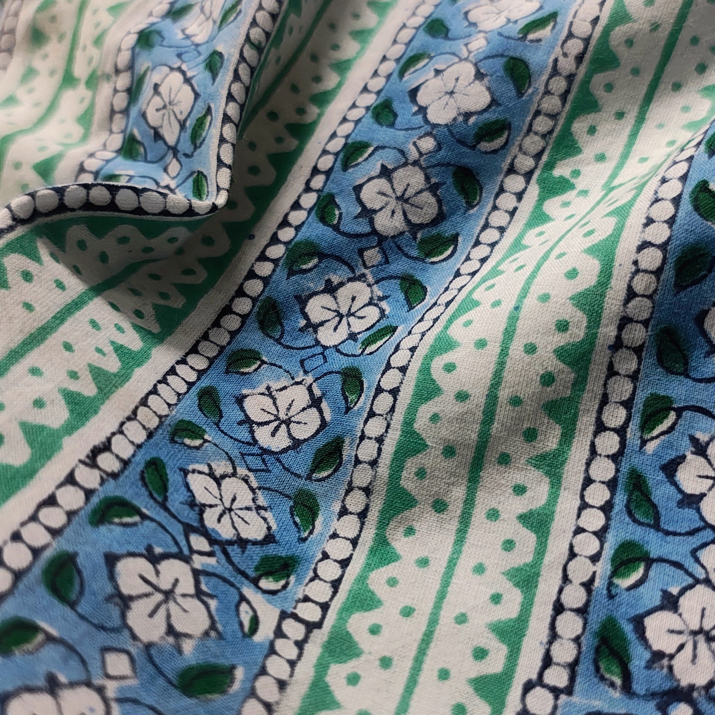 Sanganeri Hand Block Print Cotton Fabric –  Blue And Green Color Floral Print Fabric