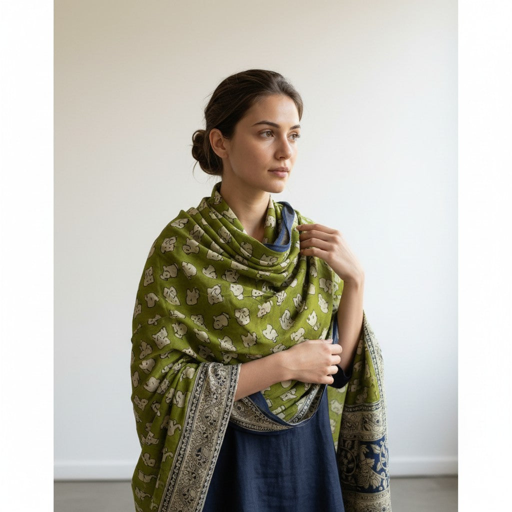 Kalamkari Nizam Bordar Dupatta gren color