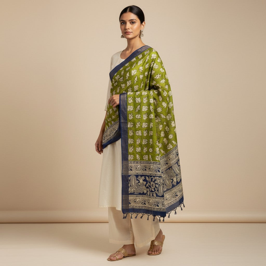 Kalamkari Nizam Bordar Dupatta gren color
