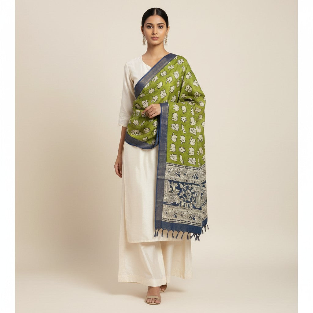Kalamkari Nizam Bordar Dupatta gren color