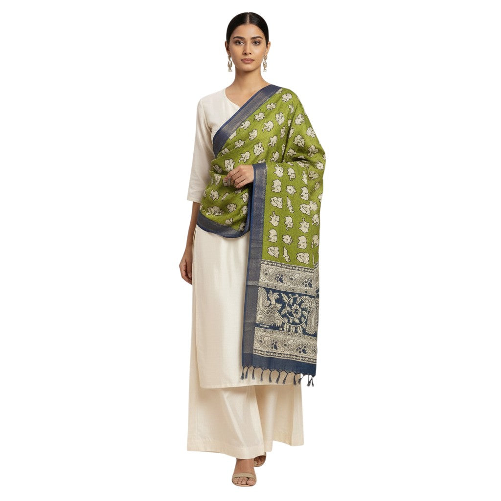 Kalamkari Nizam Bordar Dupatta gren color