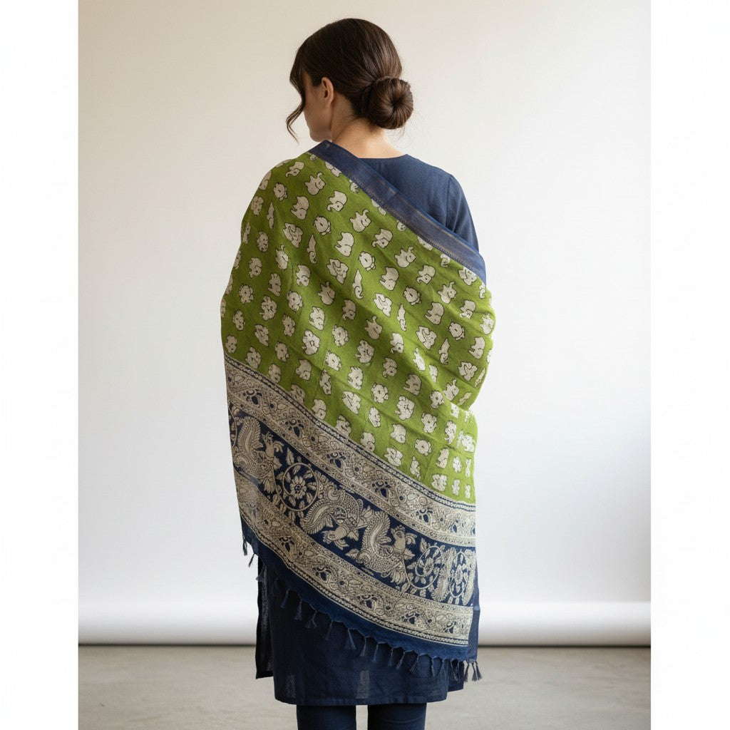Kalamkari Nizam Bordar Dupatta gren color