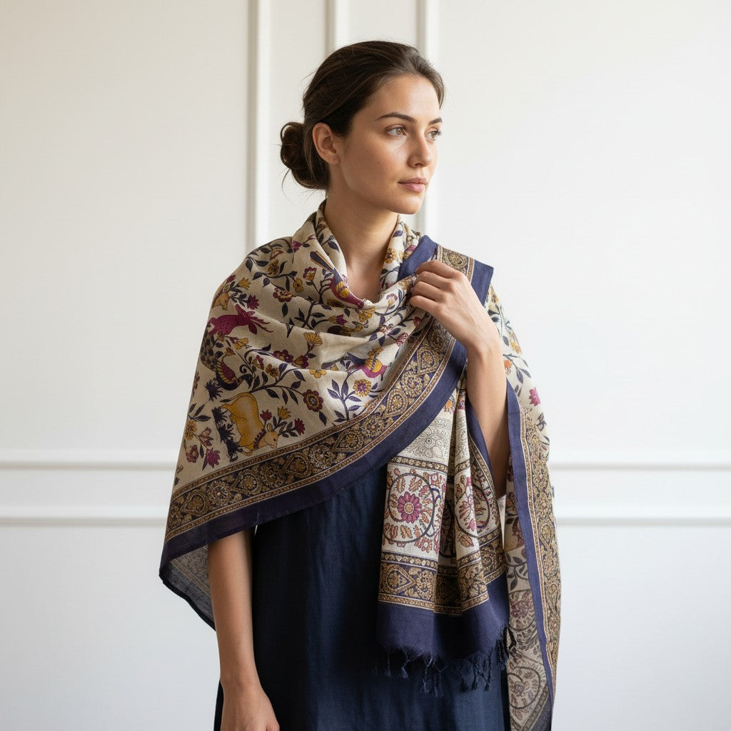Kalamkari Nizam Bordar Dupatta Brown color